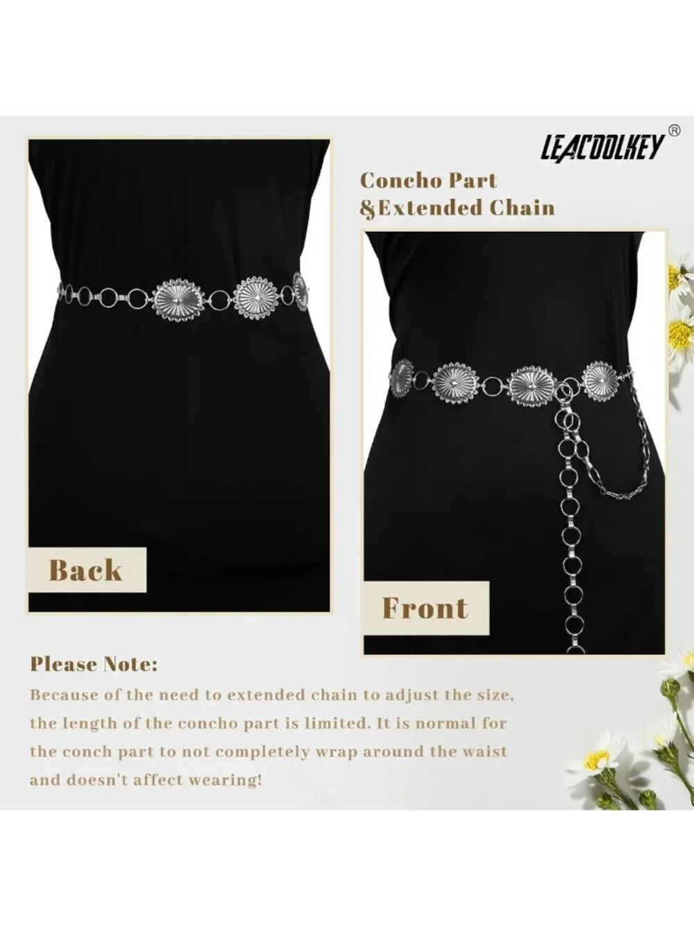 Turquoise Concho Chain Waist Belt - Adjustable Silver Western Cowgirl Style